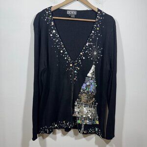 VTG Bedazzled Sequin Holiday Christmas Tree Zip Sweater Cardigan Womens 1XL